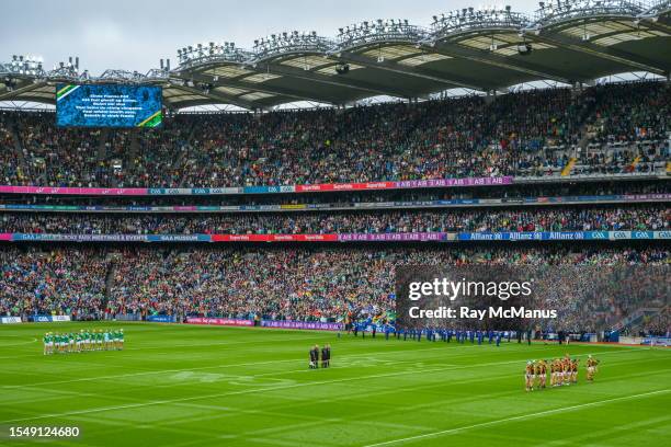 Dublin , Ireland - 23 July 2023; Both teams stand for the National Anthem before the GAA Hurling All-Ireland Senior Championship final match between...