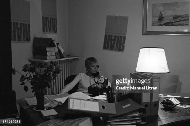 August 1969, Annie FARGUE, producer of the musical 'Hair' in his office in Paris, on the phone.
