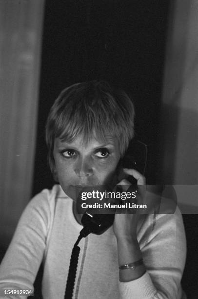 August 1969, Annie FARGUE, producer of the musical 'Hair' in his office in Paris, on the phone.