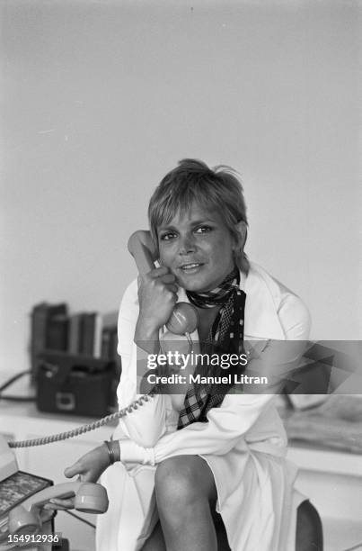 August 1969, Annie FARGUE, producer of the musical 'Hair' in his office in Paris, on the phone.