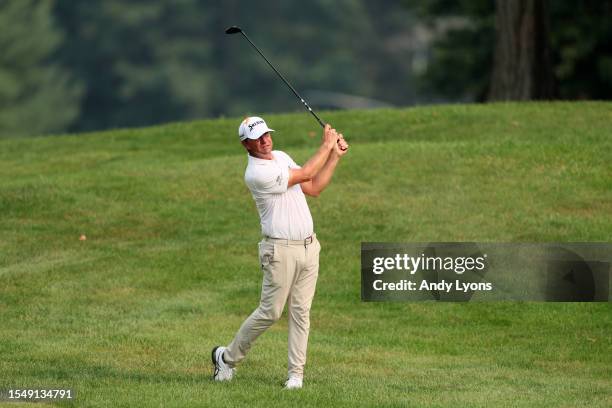 Lucas Glover of the United States plays a second shot on the 11th hole during the final round of the Barbasol Championship at Keene Trace Golf Club...