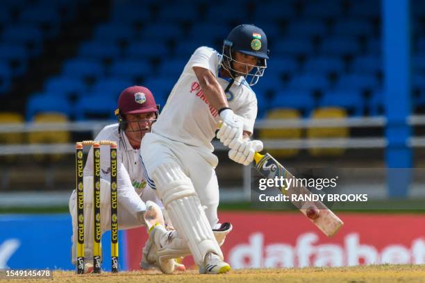 Joshua Da Silva , of West Indies, watches as Ishan Kishan , of India, hits 6 during the fourth day of the second Test cricket match between India and...