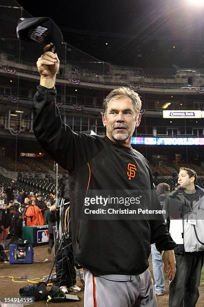 Manager Bruce Bochy of the San Francisco Giants celebrates after defeating the Detroit Tigers to win Game Four of the Major League Baseball World...