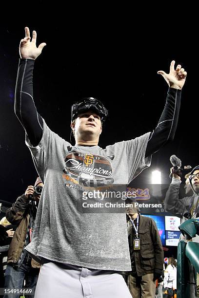 Matt Cain of the San Francisco Giants celebrates after defeating the Detroit Tigers to win Game Four of the Major League Baseball World Series at...