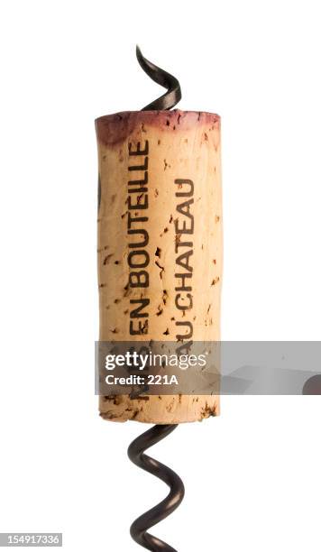 red wine cork and corkscrew on white - champagne cork stock pictures, royalty-free photos & images