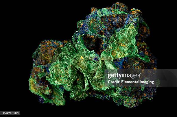 geology azurite and malachite mineral sample isolated on black - metal ore stock pictures, royalty-free photos & images