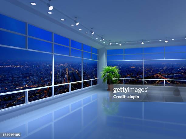 floor to ceiling city views from an all-white penthouse - penthouse stock pictures, royalty-free photos & images