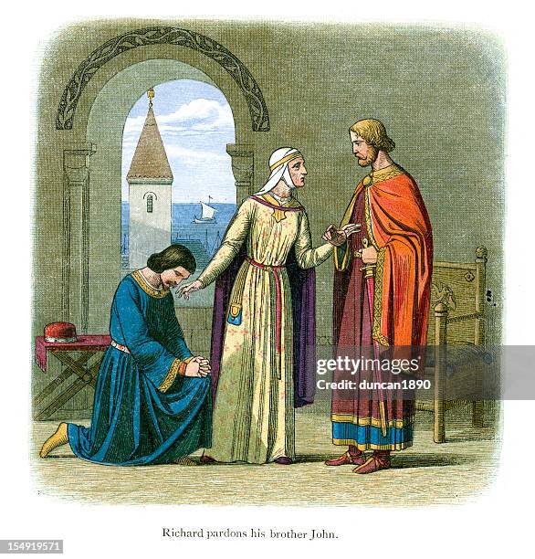 king richard pardons his brother john - aquitaine stock illustrations