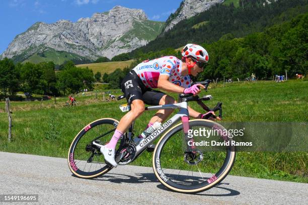 Neilson Powless of The United States and Team EF Education-EasyPost - Polka Dot Mountain Jersey competes climbing down the Col de la Forclaz de...