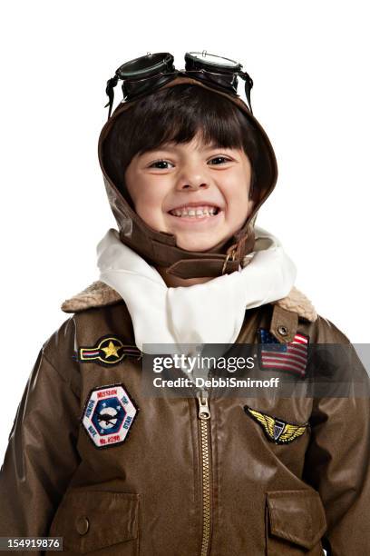 happy flying ace 4 year old boy isolated - pilot jacket stock pictures, royalty-free photos & images