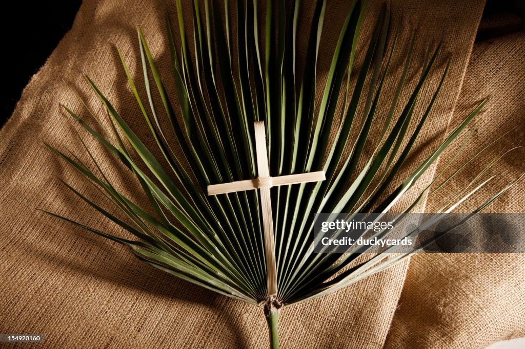 Palm Cross and Leaf on Burlap