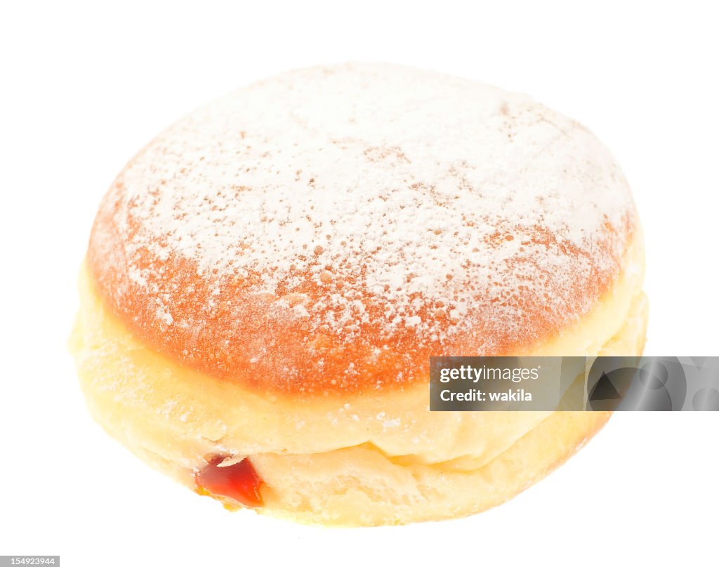 Krapfen doghnut with marmelade filling isolated on white