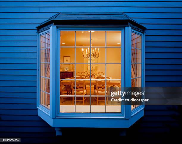 bay window of dinning room seen from outside - bay window stock pictures, royalty-free photos & images