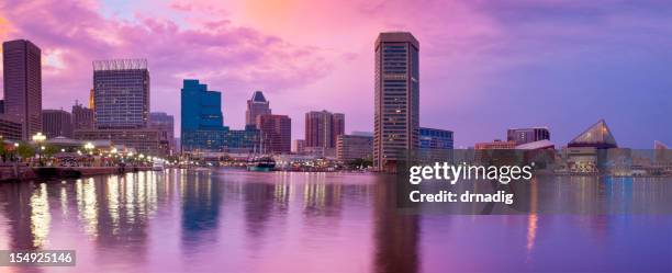 baltimore inner harbor amazing sunset with reflections on water panorama - baltimore waterfront stock pictures, royalty-free photos & images