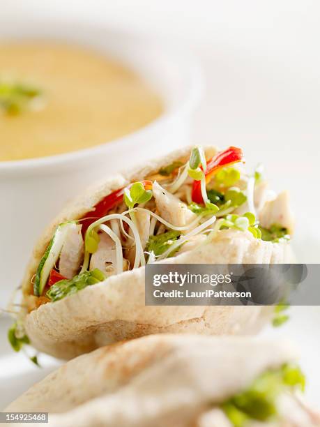 grilled chicken sandwich in mini pita's - soup and sandwich stock pictures, royalty-free photos & images