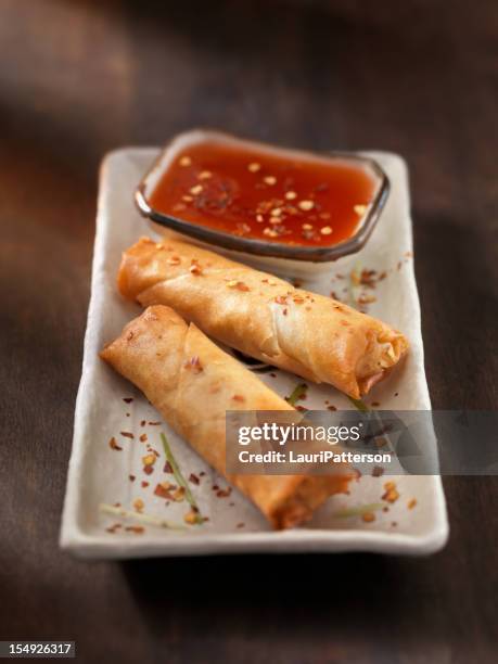 frühlingsrollen mit pflaumensauce - frühlingsrolle stock-fotos und bilder