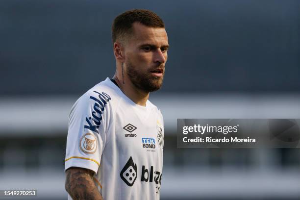 Lucas Lima of Santos looks on during the match between Santos and Botafogo as part of Brasileirao Series A 2023 at Urbano Caldeira Stadium on July...