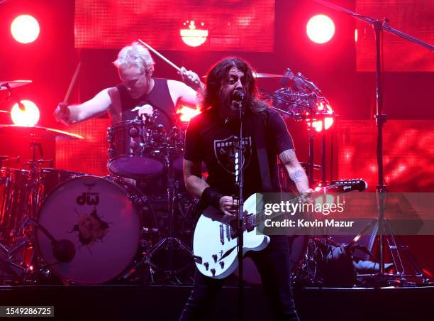 Josh Freese and Dave Grohl of Foo Fighters perform onstage during Harley-Davidson's Homecoming Festival - Day 2 at Veterans Park on July 15, 2023 in...