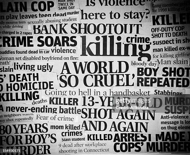 cruel world headline collage - newspaper tear stockfoto's en -beelden