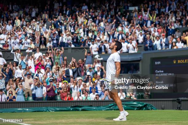 Carlos Alcaraz of Spain reacts after making a pivotal break in the third set during his five-set victory against Novak Djokovic of Serbia in the...