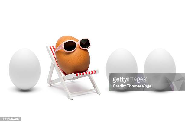 the secret about brown eggs - humor sunglasses lounger - easter and humour stockfoto's en -beelden