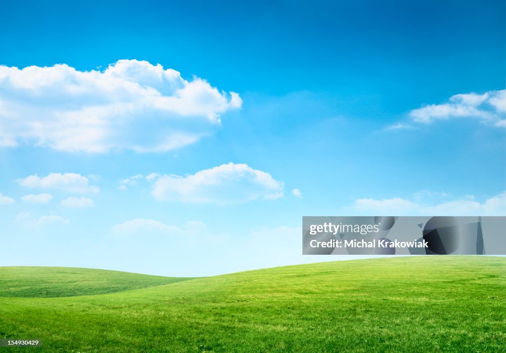 Composition numérique vert prairie et ciel bleu