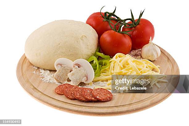 pizza dough with fresh tomatoes, mushrooms and cheese - pizza ingredient stock pictures, royalty-free photos & images