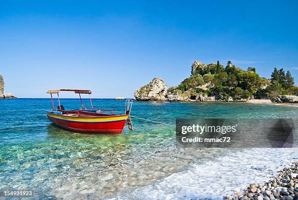 red boat, isola bella, sicily - taormina stock pictures, royalty-free photos & images