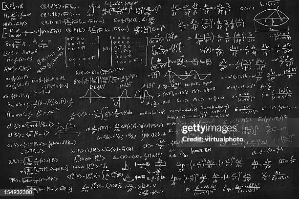 blackboard full of equations - mathematics stockfoto's en -beelden