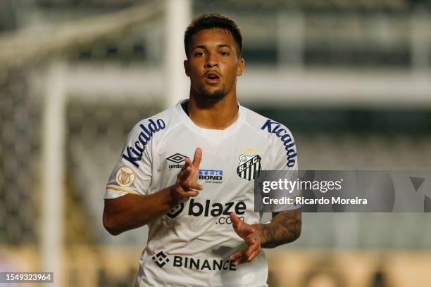 Marcos Leonardo of Santos celebrates after scoring the team's second goal during the match between Santos and Botafogo as part of Brasileirao Series...