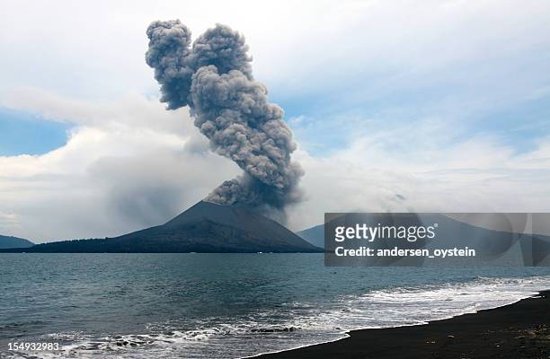anak krakatau eruption, seen from nearby island. - volcanic landscape stock pictures, royalty-free photos & images