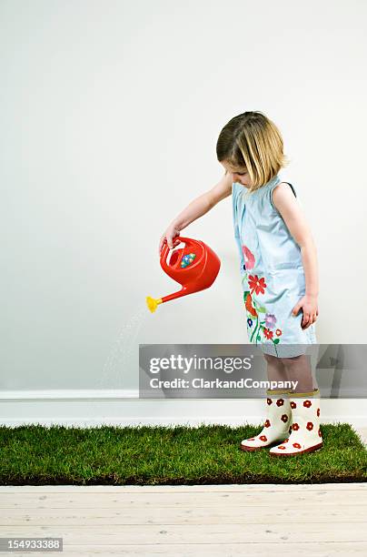 child watering her indoor grass - watering can stock pictures, royalty-free photos & images