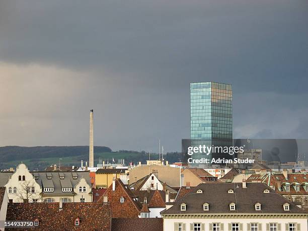basel rooftops with messeturm - messeturm stock-fotos und bilder