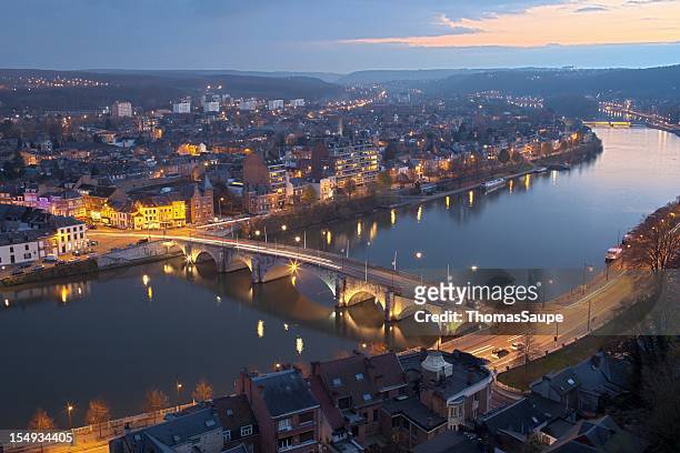 the stunning namur from an aerial view at night time - wallonia stock pictures, royalty-free photos & images
