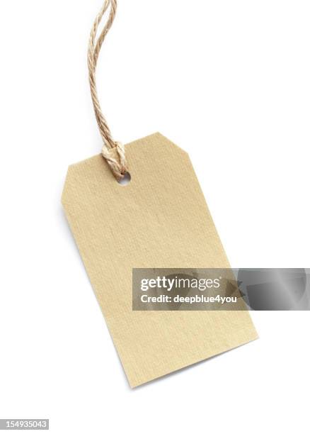 blank tag tied with brown string on white - clothing isolated stockfoto's en -beelden