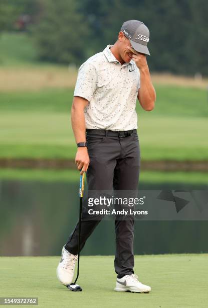 Vincent Norrman of Sweden celebrates after putting in to win on the 18th hole during the sudden death playoff against Nathan Kimsey of England during...