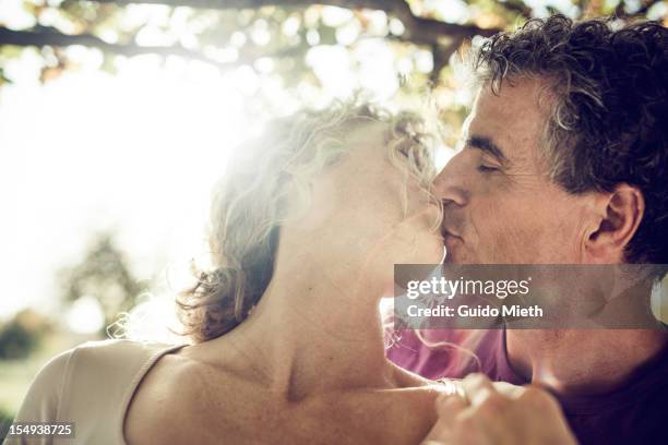 man kissing his wife under a big tree. - ehemann stock-fotos und bilder