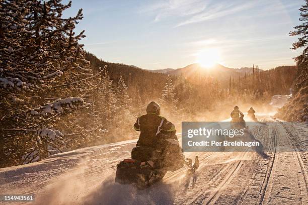 snowmobiles riding into the sunset - snow vehicle stock pictures, royalty-free photos & images