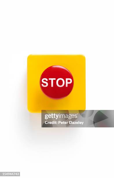 emergency stop button on white background - stop single word stock pictures, royalty-free photos & images