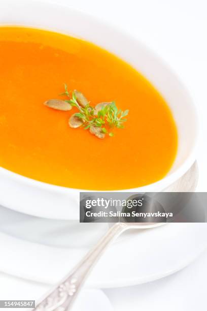 bowl of pumpkin soup - butternut stock pictures, royalty-free photos & images