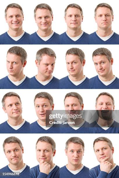 young happy adult montage of 16 expressions - facial expression stockfoto's en -beelden