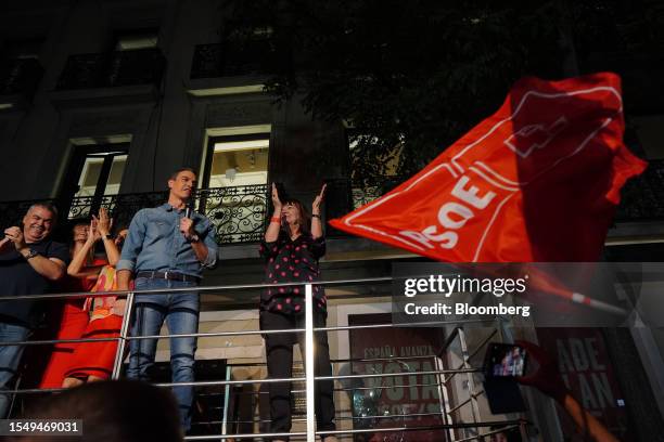 Pedro Sanchez, Spain's prime minister and leader of Partido Socialista Obrero Espanol , speaks during an election night rally at PSOE party...