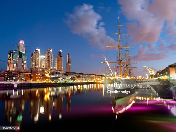 buenos aires skyline by puerto madero night - buenos aires port stock pictures, royalty-free photos & images