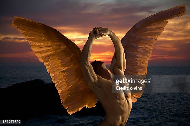 dark angel in sunset - man angel wings stock pictures, royalty-free photos & images