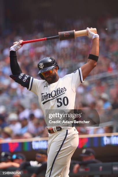 Willi Castro of the Minnesota Twins warms up in the ninth inning of the game against the Chicago White Sox at Target Field on July 23, 2023 in...