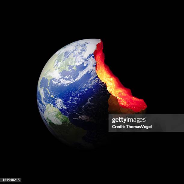 bitten earth world globe. exploitation environment concept - core stock pictures, royalty-free photos & images