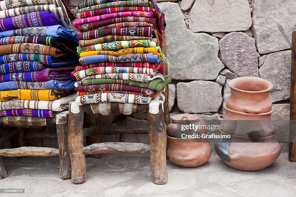 Colorful blankets on chair at market in Argentina south america