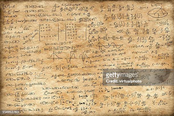 old paper full of equations - mathematics stock pictures, royalty-free photos & images