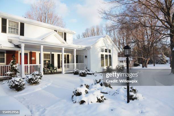 home snow house winter dawn morning - horizontal - pedestrian walkway stock pictures, royalty-free photos & images