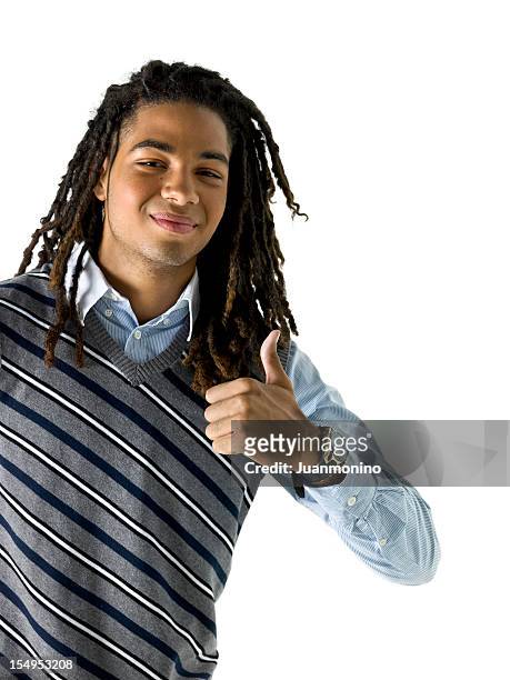 lächelnd student - black thumbs up white background stock-fotos und bilder
